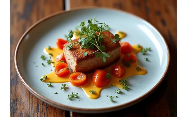 Beautifully plated modern dish featuring native Australian ingredients