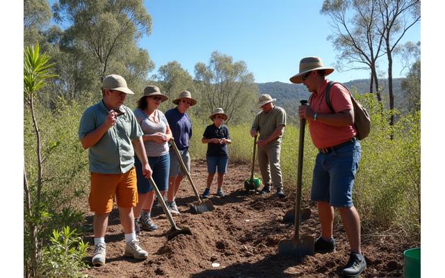 Group of volunteers planting native trees in deforested area of Australia