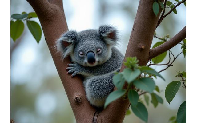 Koala sleeping in a eucalyptus tree, photographed from below with soft focus